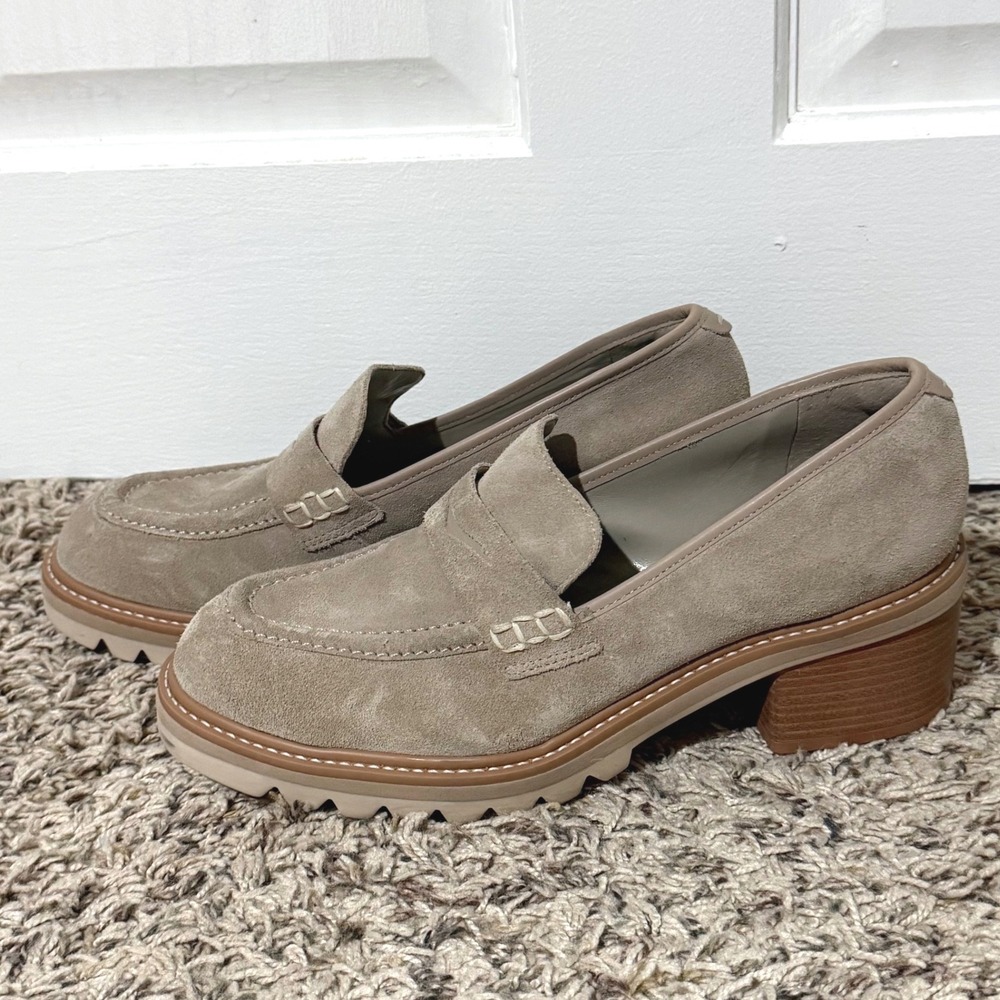 Bernardo Selma Suede Lug Sole Penny Loafers Taupe Block Heel 8.5M